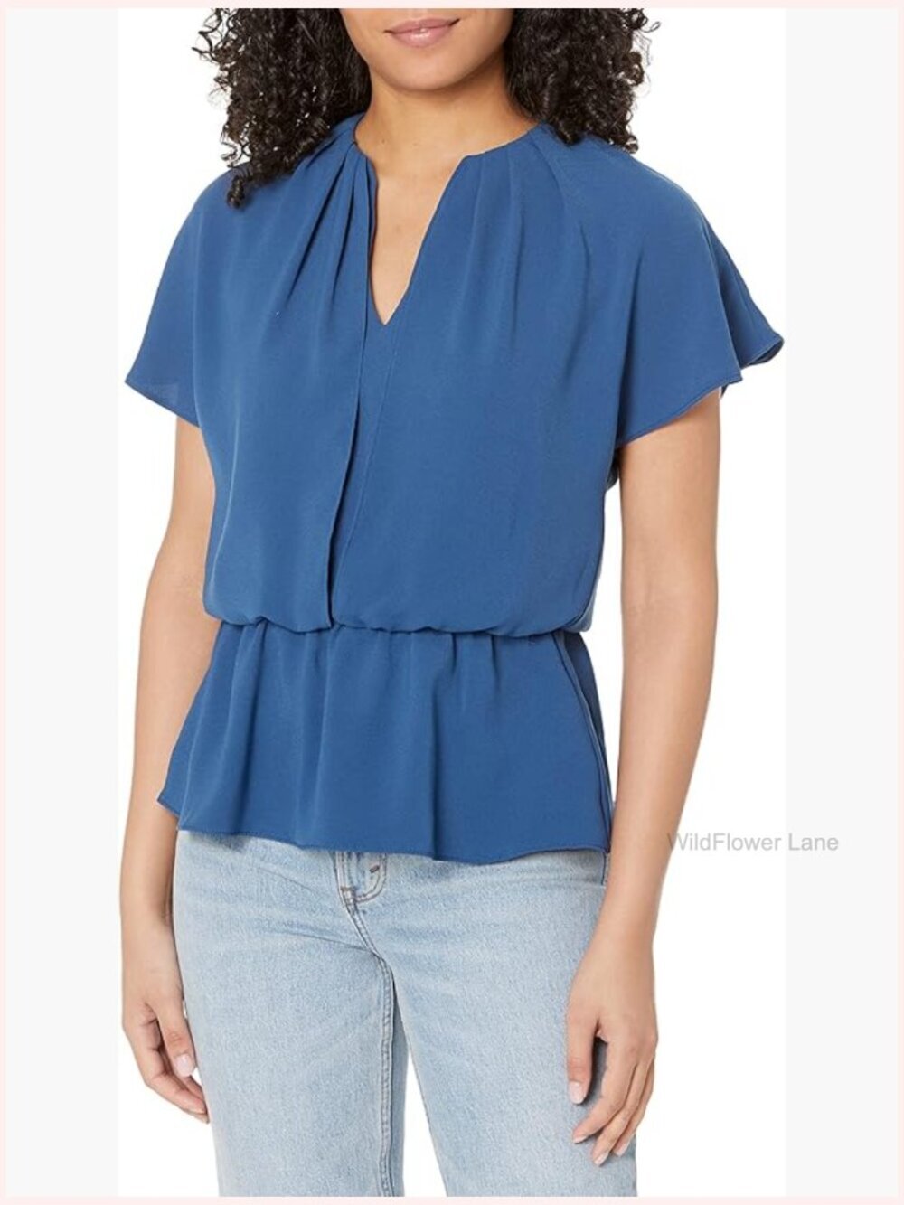 V-Neck Peplum Blouse with Pleat Detail - Short Sleeve, Pull On
